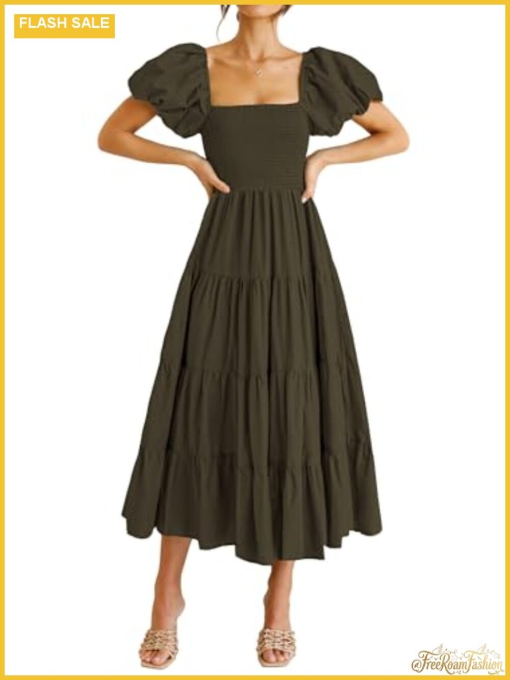 Women's Smocked Midi A-Line Dress with Puffy Sleeves, Square Neck, Tiered